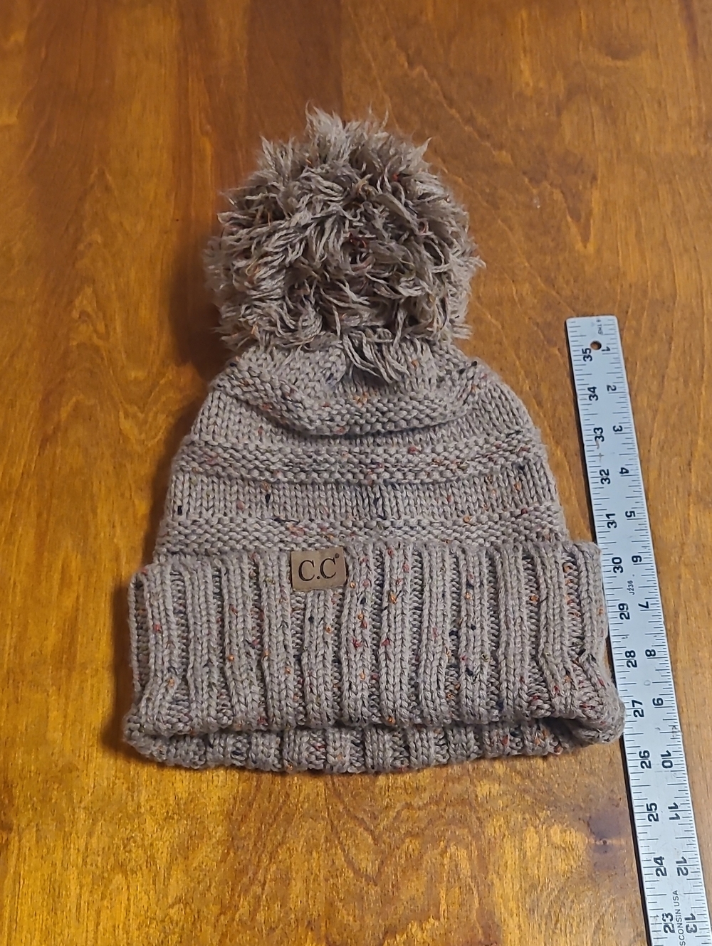 C.C Taupe Speckled Pom Beanie